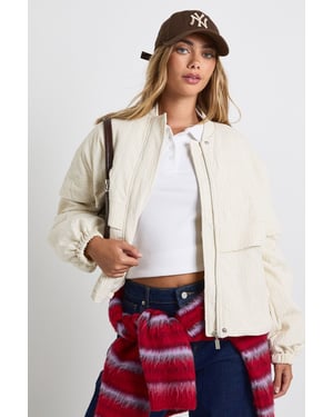 Textured Collarless Bomber Jacket