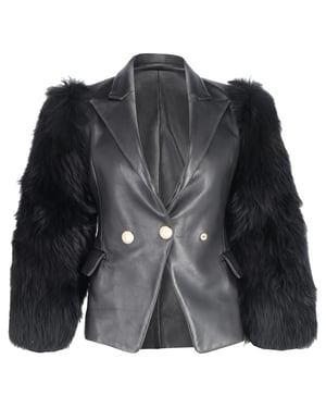 Balmain Single Breasted Fur Sleeve Blazer in Black Leather