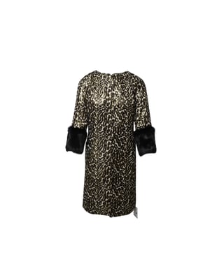 Tory Burch Animal Print Jacquard Coat with Fur Sleeves in Multicolor Silk