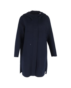Max Mara Gewatteerde Jas met Kap in Marineblauwe Wol