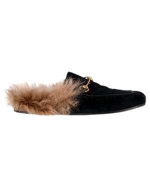 Gucci Princetown Muilezels in Zwart Fluweel en Bont