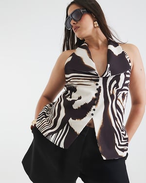 River Island Womens Waistcoat Brown Zebra Print Halterneck