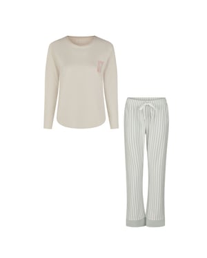 By Louise Dames pyjama set lang katoen beige/mintgroen gestreept