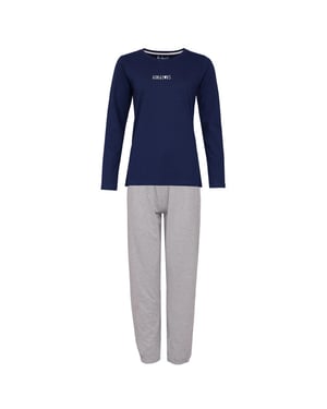 By Louise Dames pyjama set lang katoen donkerblauw / grijs gestipt