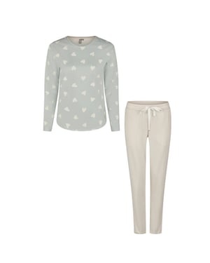 By Louise Dames pyjama set lang katoen mintgroen hartjes/beige gestreept