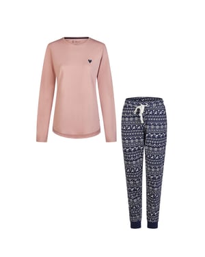 By Louise Dames pyjama set lang katoen roze/donkerblauw norwegian jacquard print