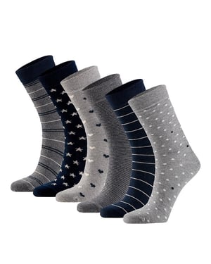 Apollo Dames sokken hartjes gestreept sterren print bio katoen 6-pack grijs / navy blauw
