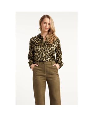 Smashed Lemon Satijnen blouse met luipaardprint en pofmouwen in army en zwart |