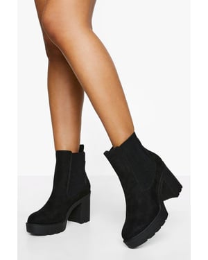 Wide Fit Faux Suede Chunky Heeled Chelsea Boots