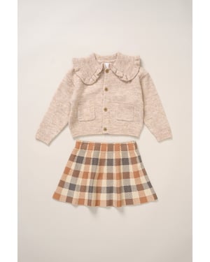 True Knit Cardigan and Check Skirt Set