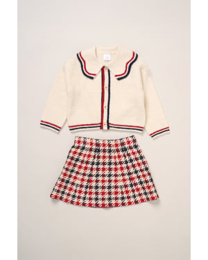 True Knit Cardigan with Check Skirt