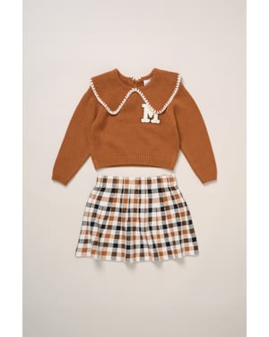 True Knit Jumper with Woven Collar and Check Skirt