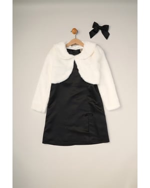 Satin Shift Dress, Faux Fur Cardigan and Bow Clip Set