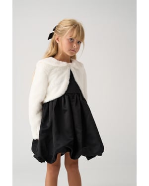 Bubble Hem Satin Dress, Faux Fur Cardigan and Bow Clip Set