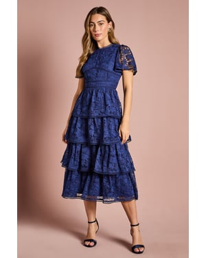 Petite Tiered Lace Dress With Flutter Sleeve & Trims