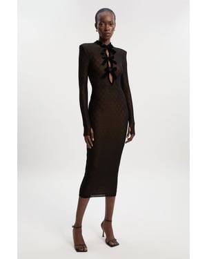 Mesh With Velvet Bow Trim Detail Long Sleeve Midi Dress