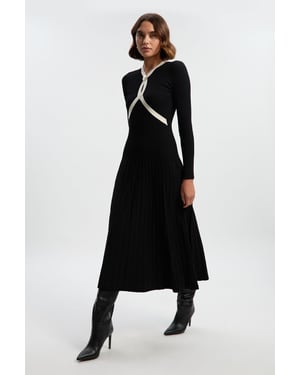 Rib Knit Trim Detail Full Skirt Midi Dress