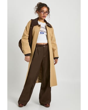 Belted Trench Coat with Contrast Faux Leather Collar