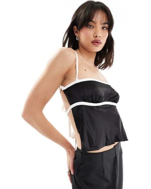 SNDYS satin cami tie back detail top with contrast bust seam detail co-ord in black