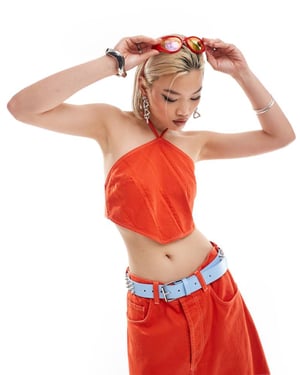 COLLUSION co-ord denim halter top with contrast stitch in orange