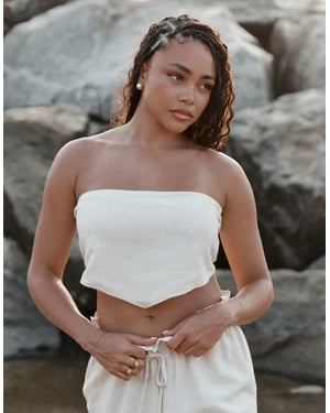 4th & Reckless x Loz Vassallo tulum multiway bandeau linen beach crop top co-ord in beige