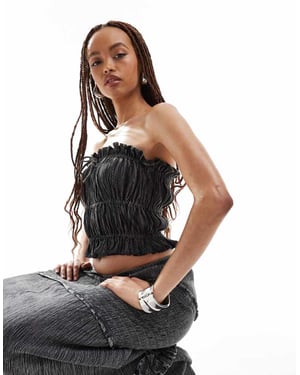 COLLUSION cotton crinkle bandeau sun top co-ord with tie detail in washed charcoal
