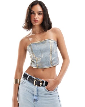 ASOS DESIGN denim bandeau top in metallic gold foil