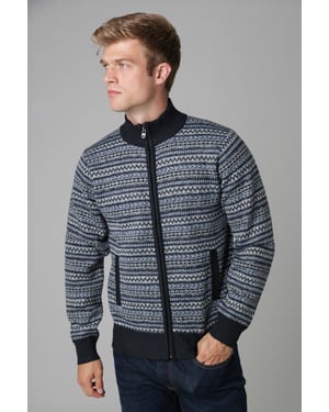 Navy Jacquard Fleece-Lined Zip-Through Cardigan