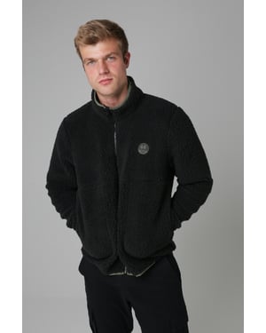 Black Funnel Neck Sherpa Zip-Through Fleece