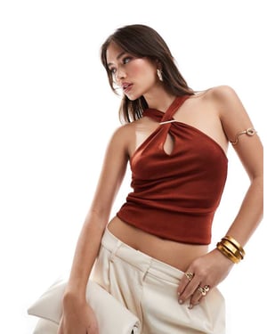 ASOS DESIGN slinky halter top with trim detail in rust