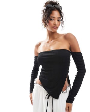 ASOS DESIGN textured bardot top with asymmetric hem in black
