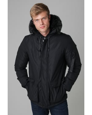 Black Padded Parka Jacket With Faux Fur-Lined Hood