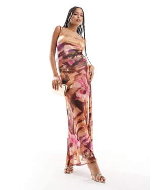 ASOS DESIGN double strap maxi dress with hook and eye split in blurred print