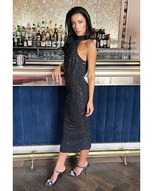 Black Metallic Sparkle Halter Neck Ruched Midi Dress