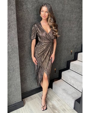 Bronze Plisse Buckle Detail Wrap Midi Dress