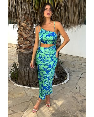 Green And Blue Abstract Printed Asymmetric Cut Out Midi Dress