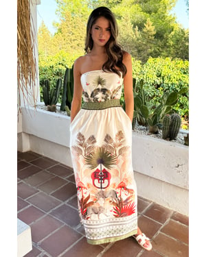 Cream Safari Print Strapless Shirred Waist Side Split Midi Dress