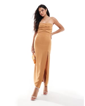 ASOS DESIGN bandeau pleat midi dress with split in brown