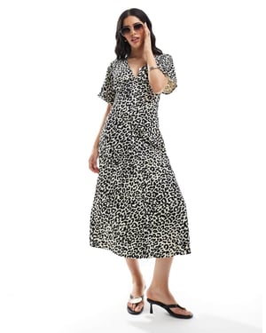 ASOS DESIGN roll sleeve button front midi tea dress in animal print