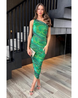 Green Watercolour Print Mesh One Shoulder Asymmetric Hem Midi Dress