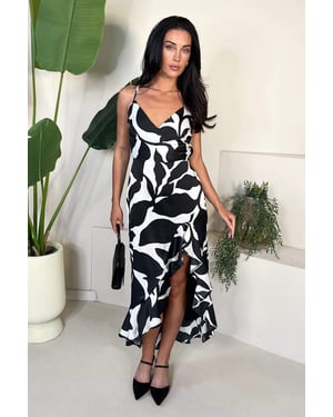 Black And White Leaf Print Strappy Wrap Top High Low Frill Hem Midi Dress