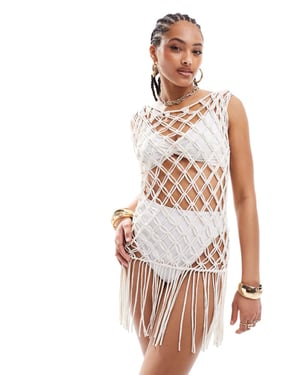 Miss Selfridge festival beach macrame fringe detail mini dress in cream