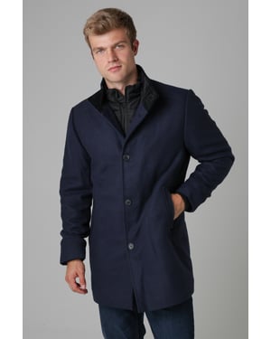 Navy Funnel Neck Coat With Wool