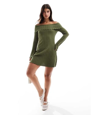Pieces off the shoulder ribbed mini dress with lettuce edge detail in khaki