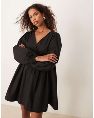ASOS DESIGN cotton v-neck mini smock dress in black