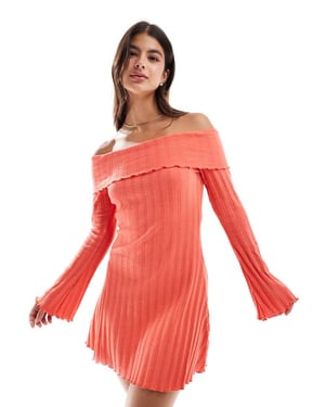 Pieces off the shoulder ribbed mini dress with lettuce edge detail in red