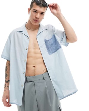 ASOS DESIGN relaxed revere shirt with lace pocket in light blue