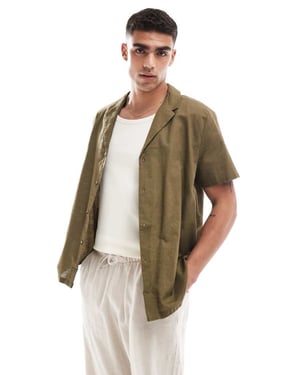 ASOS DESIGN relaxed linen blend shirt with deep revere collar in dark khaki