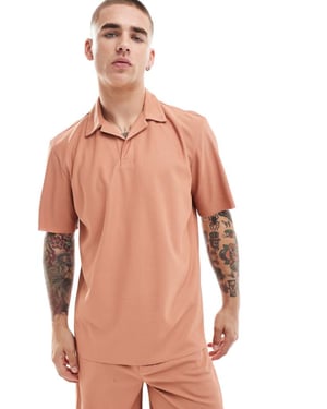 ONLY & SONS plisse split neck polo co-ord in burnt orange