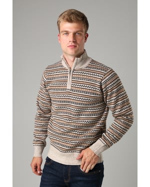 Beige Jacquard Quarter Zip Fleece Lined Jumper